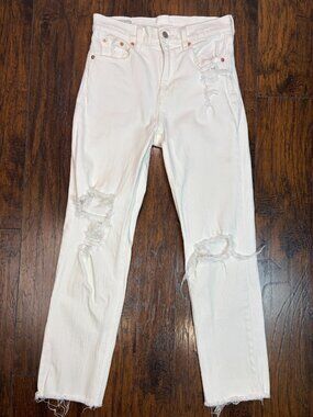 GAP Jeans 27/4 Cheeky Straight High Rise White Ripped Distressed Stretch Denim